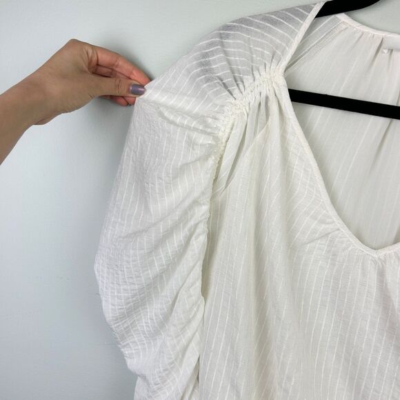 ASTR the Label Ruched Puff Long Sleeve Top White Sheer Pinstripe Blouse VNeck XS - Picture 6 of 15